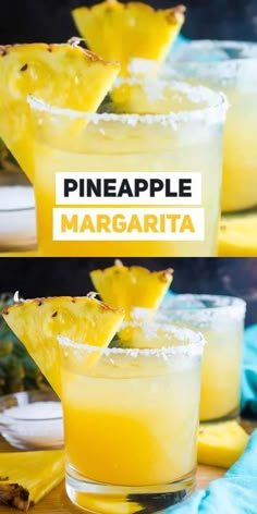 pineapple margarita is garnished with powdered sugar and served in small glasses