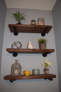 two wooden shelves with plants and other items on them