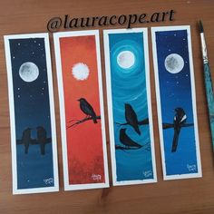 four cards with birds sitting on branches in front of the moon