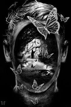 a man's face with butterflies on it