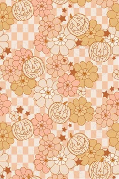 an orange and pink flower pattern on a checkered background