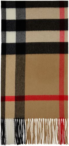 Rectangular plain-woven cashmere scarf in beige featuring signature check pattern in tones of black, white, and red throughout. · Textile logo flag at end · Fringed detailing at ends · H98.5 x W27.5 in Supplier color: Archive beige | Burberry Beige Oversized Check Scarf Burberry For Men, Check Scarf, Checked Scarf, Textile Logo, Black Scarf, White And Red, Cashmere Scarf, Check Pattern, Burberry