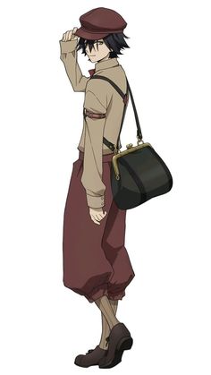 an anime character is holding a handbag and looking at something in the distance with one hand