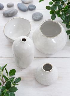 three white vases sitting on top of a wooden table next to rocks and plants