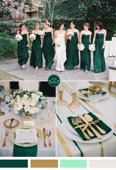 green and gold wedding color scheme with bridesmaids in gowns, table settings and flowers