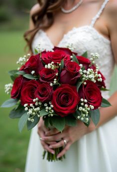 a bride holding a bouquet of red roses