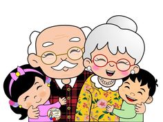 an old couple and two young children standing next to each other with their arms around one another