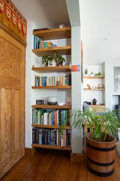 a wooden book shelf filled with books next to a potted plant on top of a hard wood floor