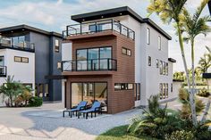 an artist's rendering of a two story house with balconies and palm trees