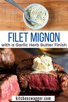 steak with garlic herb butter is shown on a cutting board