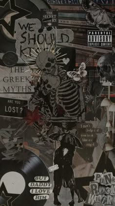 a collage of various stickers and decals on a wall with a skeleton holding an umbrella