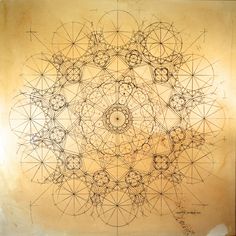 a drawing on paper with lines and circles in the shape of an abstract flower design