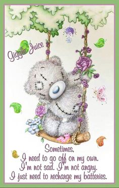 a white teddy bear sitting on a swing with flowers and butterflies around it's neck