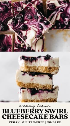 blueberry swirl cheesecake bars stacked on top of each other