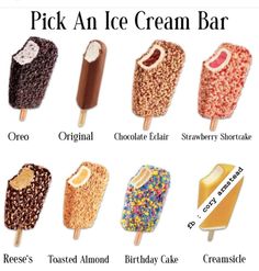 an ice cream bar with different flavors and toppings on it's stickers