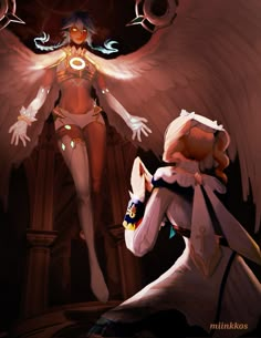 an angel standing next to a woman with wings on her head and hands behind her back