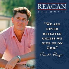 a man leaning on a fence with a quote from ronald reagan