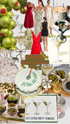 a collage of photos with champagne, olives, and other items for a party