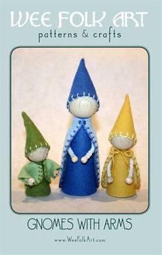 three gnomes with arms and legs in different colors