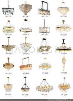 chandeliers and lights in different styles, sizes and colors are shown on this page