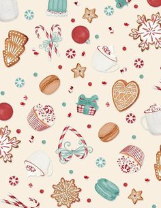 christmas cookies and candy canes on a white background with snowflakes, candies, hotdogs, or pretzels