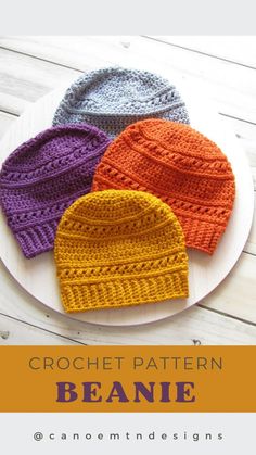 three crochet beanies on a plate with text overlay that reads, crochet pattern beanie