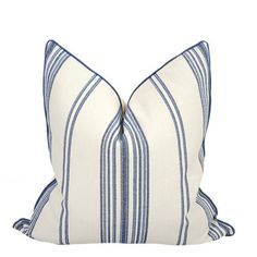 a blue and white striped pillow on a white background