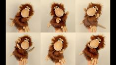 six pictures of a stuffed monkey with different facial expressions and hands, all showing the same expression