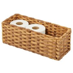 two rolls of toilet paper in a wicker basket