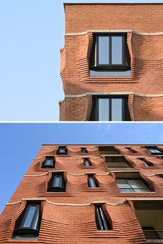 two pictures side by side of a brick building with windows and balconies on each floor