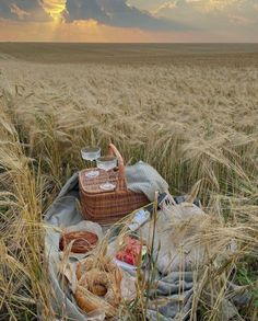 a basket and some food on a blanket in the middle of a wheat field under a cloudy sky