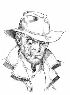 a black and white drawing of a man wearing a hat with his face covered in blood