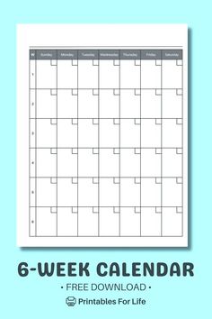 Download this free six-week calendar template for organizing long-term plans, projects, or events. This undated calendar fits on one page and is US letter-sized, making it simple to print and use for any occasion. Available as a PDF or Canva template, it’s versatile for personal or professional use. Stay on top of your goals and track your progress with ease using this functional layout.