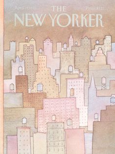 the new yorker book cover is shown with buildings in pastel colors and an orange background