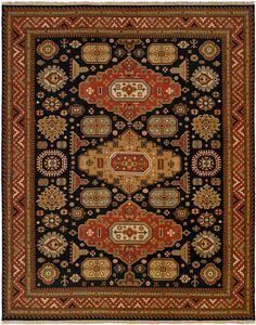 a black and red rug with an ornate design on the center, surrounded by other decorative elements