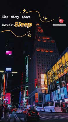 the city that never sleeps is lit up at night with neon signs and buildings in the background