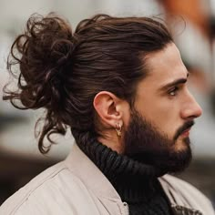 Man Bun Curly Hair, Man Bun Haircut, Man Bun Styles, Long Curly Hair Men, Braided Man Bun, Half Bun Hairstyles, Man Bun Hairstyles, Men's Long Hairstyles