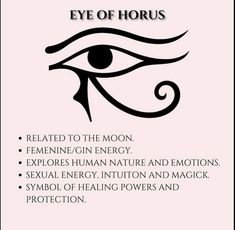 the eye of horus is shown in black on a pink background with white lettering