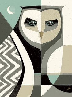 an owl with yellow eyes is shown in this abstract art print by artist markiek