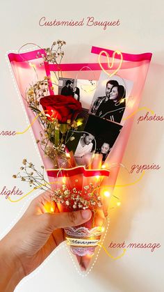 a hand holding a bouquet of flowers with pictures on it and other words surrounding it