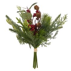 a bouquet of greenery and pine cones