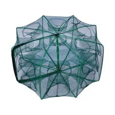 an umbrella made out of green netting on a white background