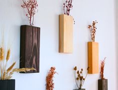 three wooden vases with dried flowers in them on the wall next to each other