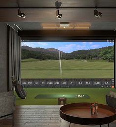 a room with a golf simulator on the wall