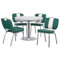 a white table with four green chairs and a round dining room table in the middle