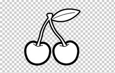 two cherries on a branch with leaves, black and white clipart png