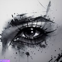 an artistic black and white painting of a woman's eye