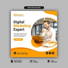 an orange and white flyer for a digital marketing expert