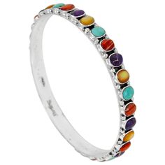 PRICES MAY VARY. 925 Sterling Silver (Solid) Genuine Turquoise, Coral, Mother of Pearl, Purple Turquoise (with natural turquoise that has been treated and color-enhanced). Color/shade/matrix will vary due to the nature of these materials. 1/4" wide. Fits most average wrist sizes 6.5" to 7.5" Premium Quality | Imported Gorgeous bangle bracelet for everyday wear or that super special occasion. Solid Sterling Silver (925) & genuine gemstones. Quality craftsmanship.Trendy but with a touch of Southwe Bohemian Bangle With Natural Stones In Sterling Silver, Multicolor Sterling Silver Beaded Bracelets, Sterling Silver Multi-stone Round Bracelet, Multicolor Natural Stones Bracelet In Sterling Silver, Southwestern Gemstone Bangle Jewelry, Bohemian Bangle With Natural Stones, Bohemian Sterling Silver Bangle With Gemstone, Bohemian Turquoise Bracelets With Gemstone Accents, Bohemian Turquoise Bracelet With Gemstone Accents