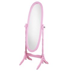 a pink standing mirror on top of a wooden stand